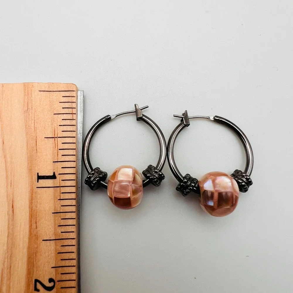 Gunmetal Hoop Earrings with Pink Mosaic Faux Mother of Pearl Shell Beads Boho
